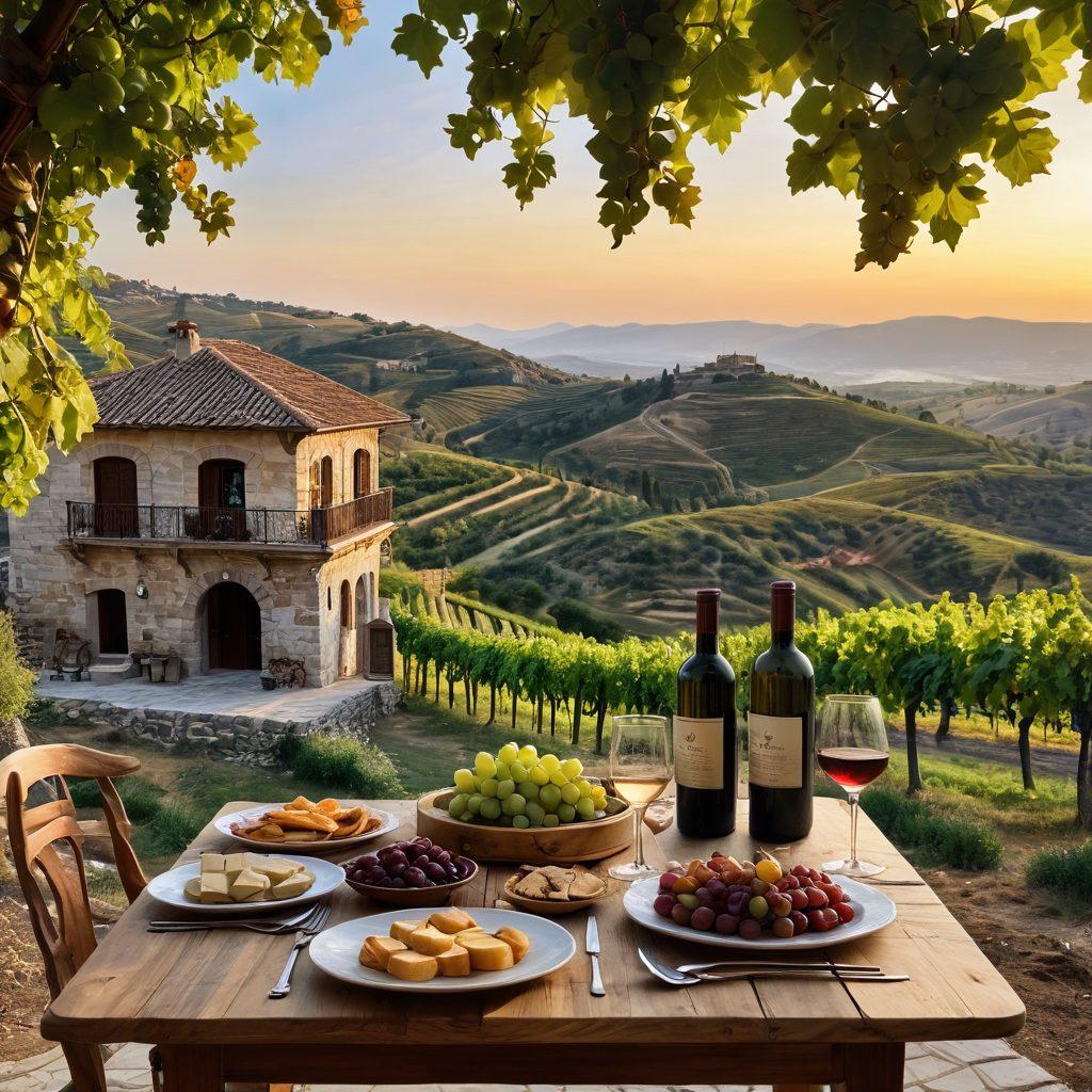 A breathtaking vineyard landscape in Turkey, with sun-drenched hills and meticulously arranged grapevines. In the foreground, a charming rustic table set for a wine tasting, featuring various Turkish wines in elegant glasses alongside traditional appetizers. Include elements of historical architecture in the background, such as ancient ruins or a quaint village, to evoke the rich cultural heritage of the region. The scene is illuminated by a golden sunset, creating a warm and inviting atmosphere. vibrant colors. super-realistic.