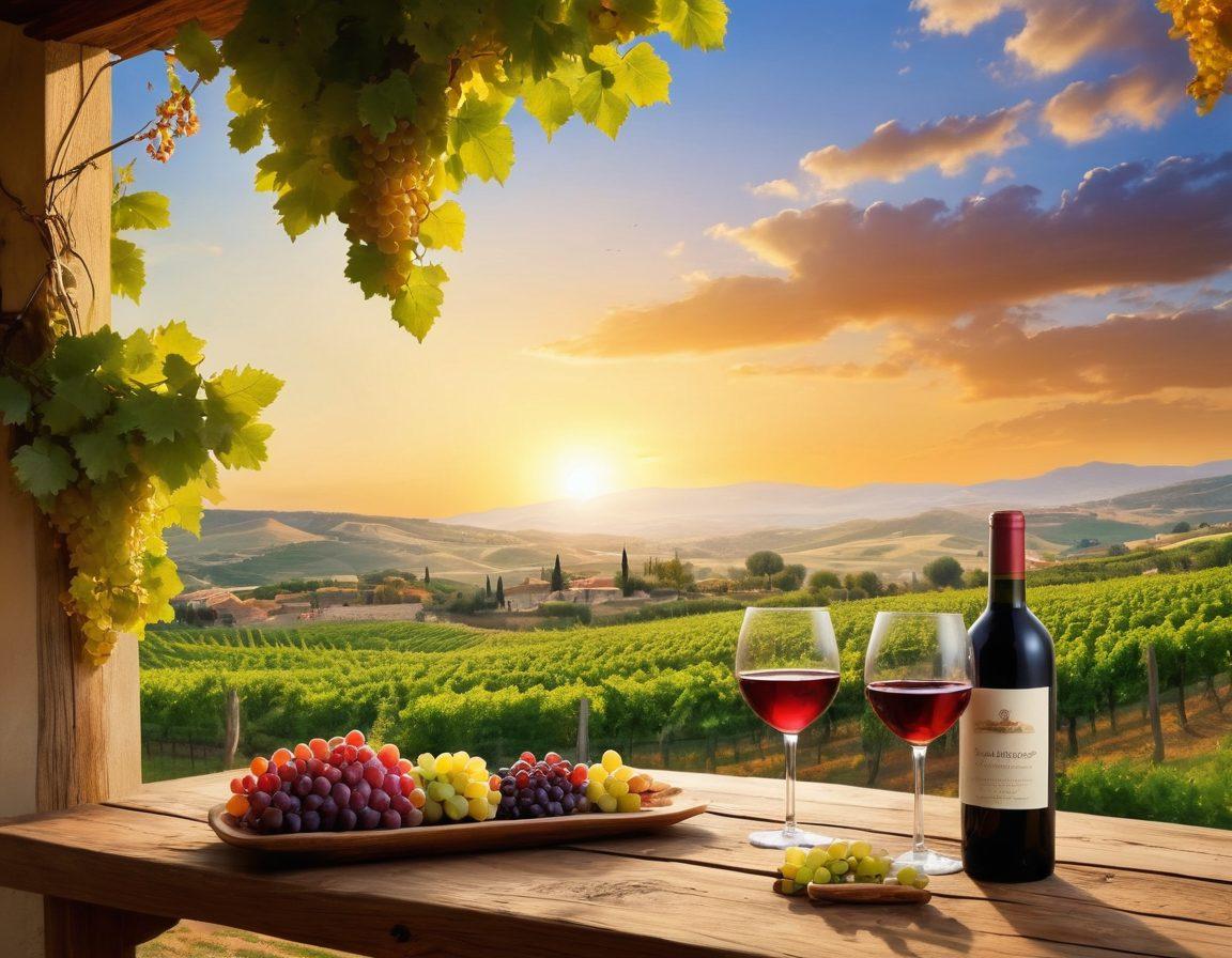 A scenic Turkish vineyard landscape with rolling hills, lush grapevines laden with ripe grapes, and a charming rustic winery in the background. Include a serene sunset casting golden hues across the sky, with glasses of wine elegantly placed on a wooden table in the foreground. A joyful group of diverse wine enthusiasts enjoying a tasting experience adds warmth to the scene. Illustrate the rich culture with traditional Turkish motifs subtly integrated into the vineyard setting. vibrant colors. super-realistic.
