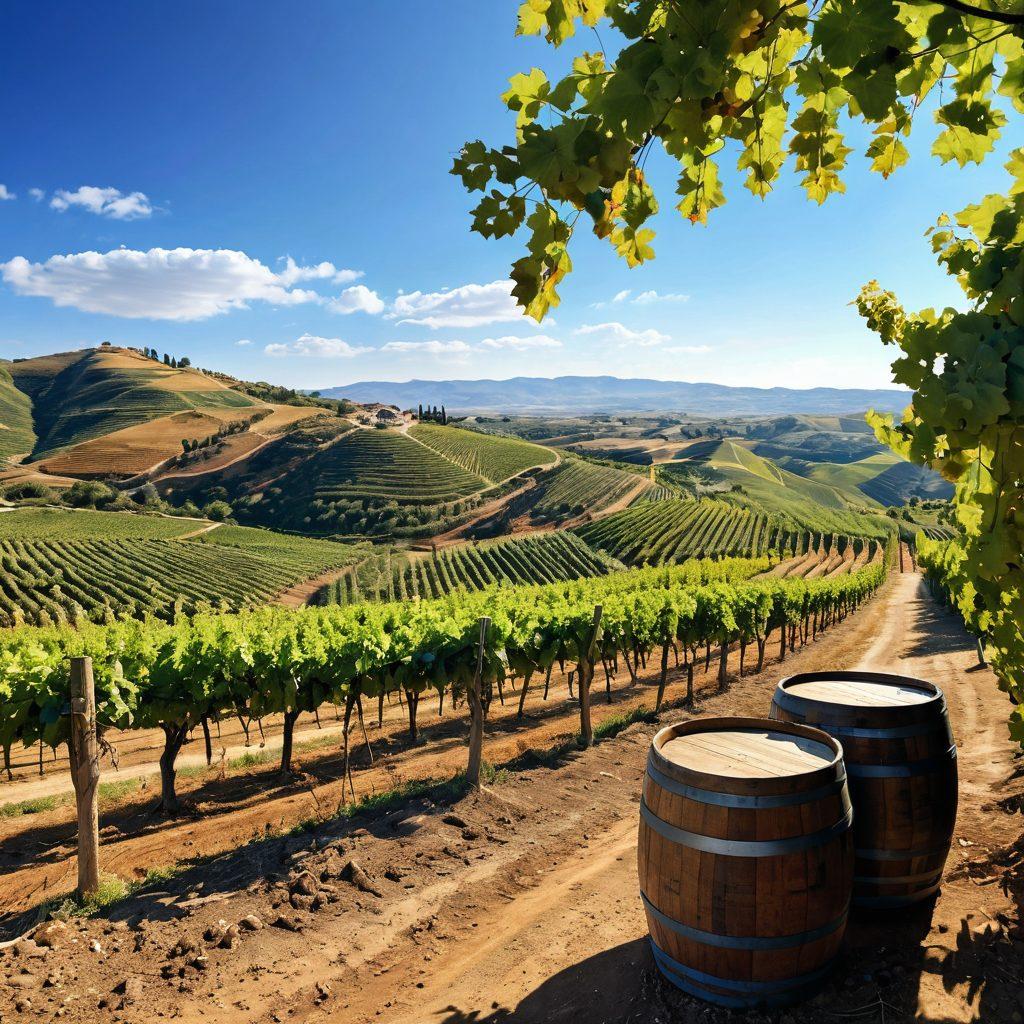 A panoramic view of lush, rolling vineyards in Turkey, with vibrant green grapevines stretching towards the horizon under a bright blue sky. Include rustic wine barrels scattered throughout the vineyard and a distant hilltop winery bathed in golden sunlight. Capture the essence of wine culture with a glass of red wine in the foreground, reflecting the scenic beauty. Illustrate a sense of tranquility and abundance. super-realistic. vibrant colors. picturesque landscape.
